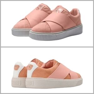 New Puma Platform Strap Satin & Suede Low Top Sneakers Peach Pink Beige & White
